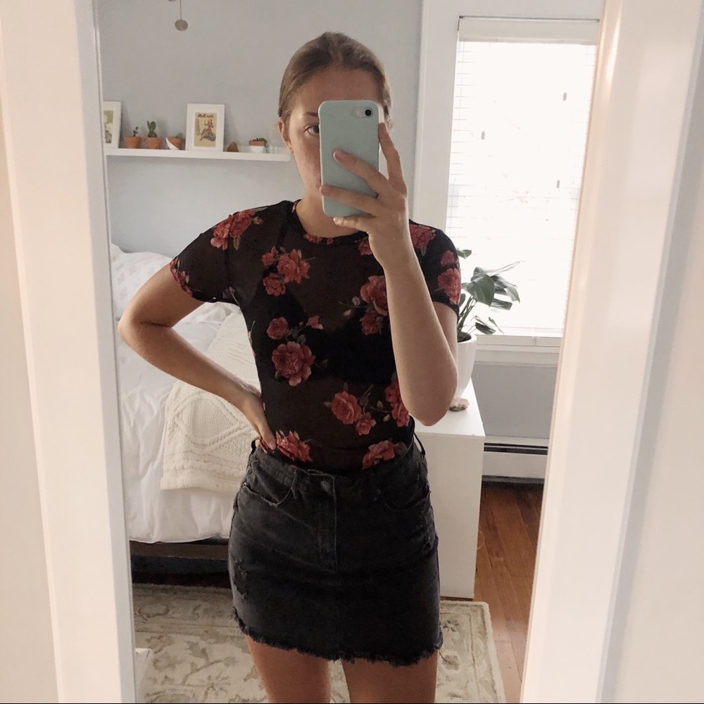 NWOT Sheer Mesh Top w/ Rose Detailing